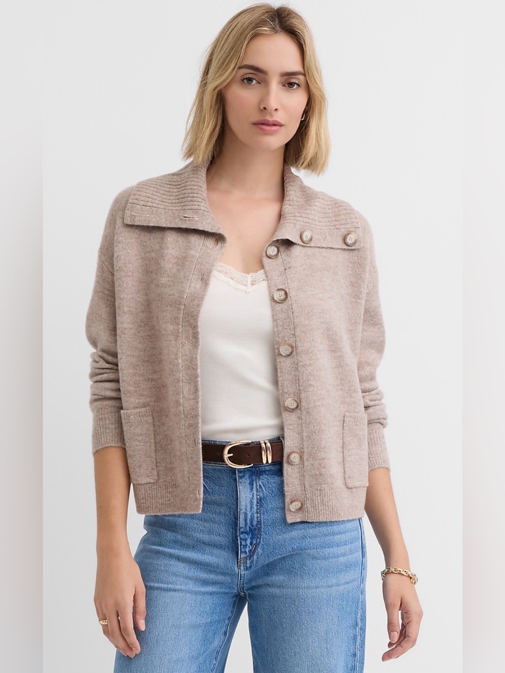 LOFT Petite Wide Collared Sweater Jacket Heather Taupe Size LP